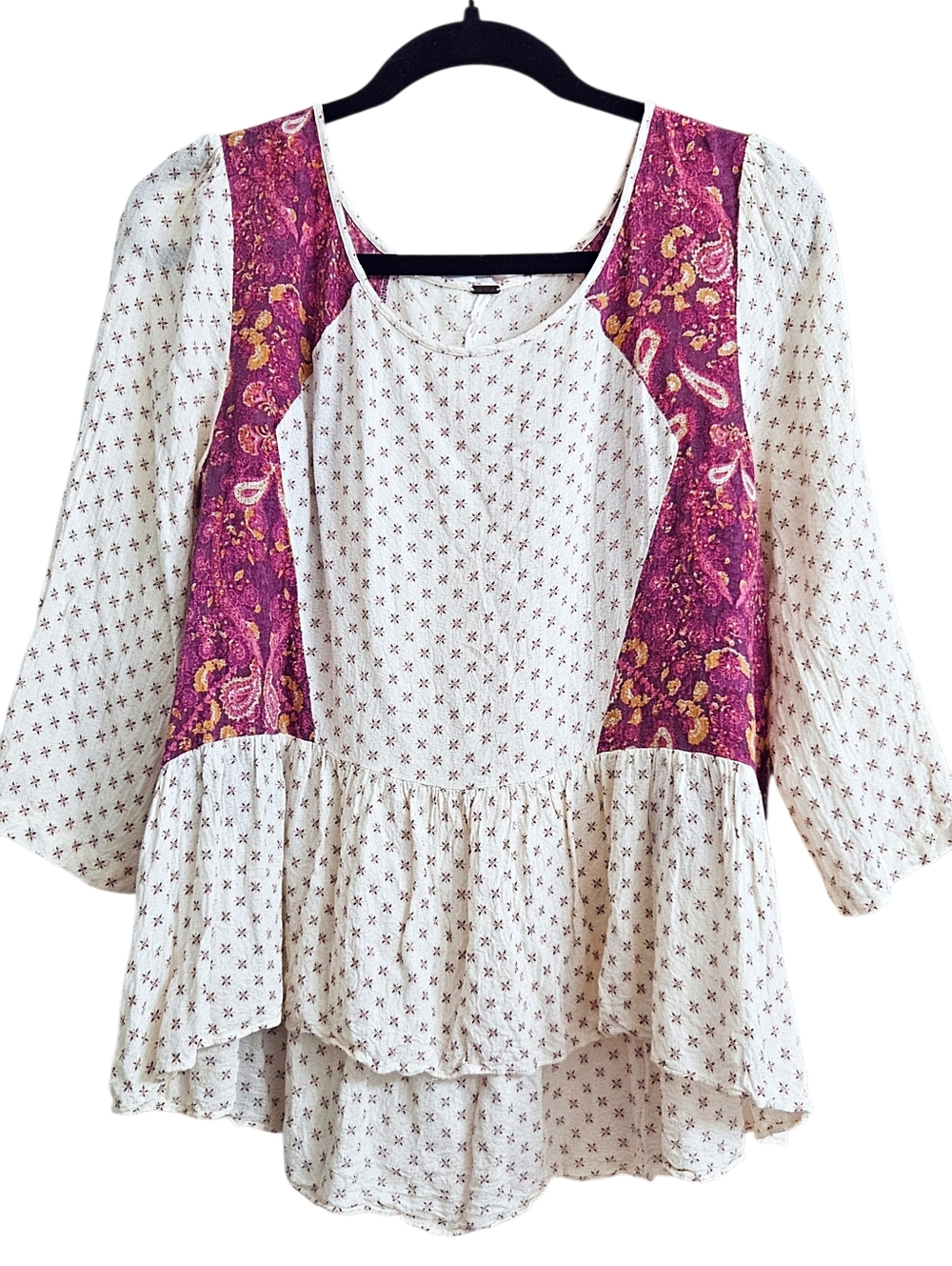 Free People Boho Hi-Lo Paisley Dandelion Peplum Ruffle 3/4 Sleeve Scoop Neck Top